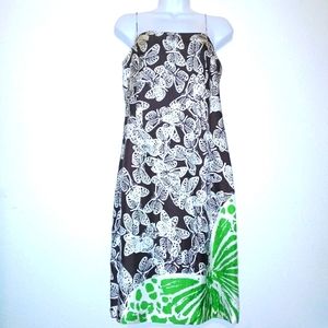 Cynthia Howie Silk Butterfly Spaghetti Strap Zip Dress